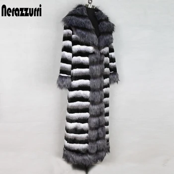 

Nerazzurri Winter extra long chinchilla fur coat with fox fur trim long sleeve warm big size british style faux fur coat 5xl 6xl