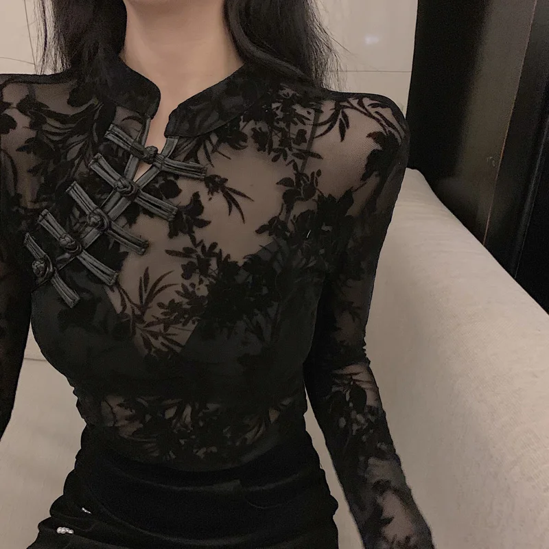 Girls Transparent Lace Blouses Shirts Tees Female Chinese Style Turtleneck Vintage Full Sleeve Black Blouses Tops For Women 3