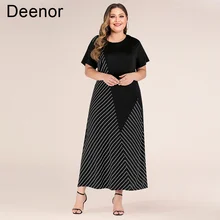 

Deenor Plus Size Dresses Black Black O Neck Short Sleeve Contrast Color Stripe Patchwork Maxi Dresses Loose Summer Dresses 2021