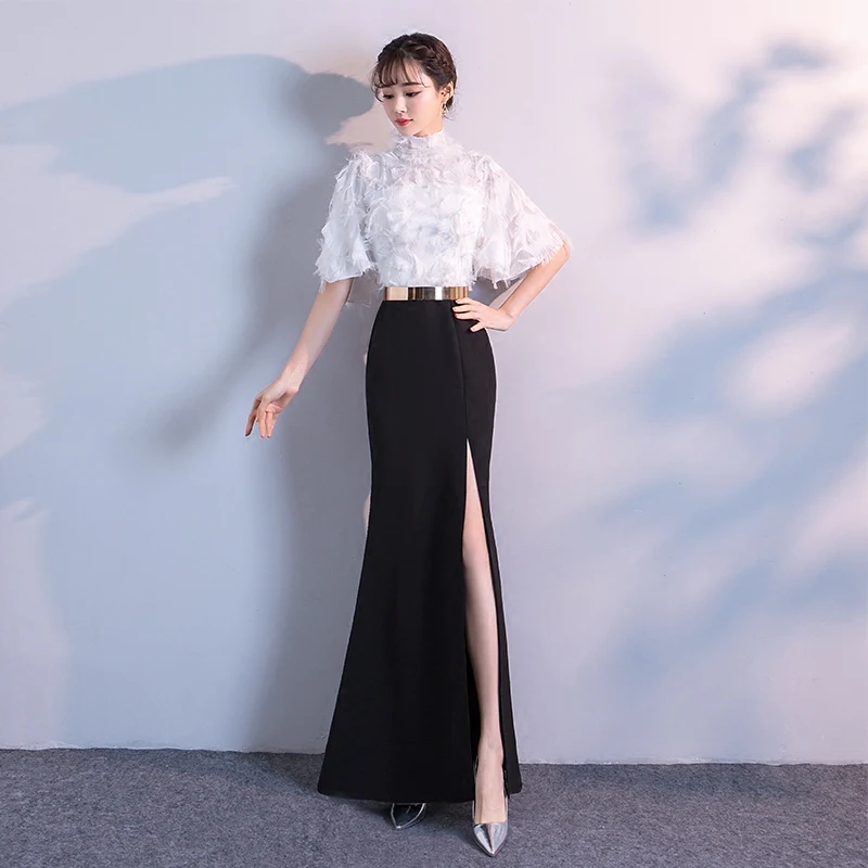 Черное и белое женское вечернее элегантное платье Cheongsam с высоким разрезом, сексуальное китайское платье, благородное платье для выпускного вечера, изысканное платье Qipao