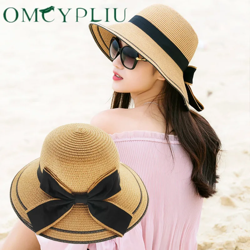 Womens Foldable Floppy Wide Large Brim Straw hat with Bow Beach Sun Hat UV Protection Summer Ourdoor Cap