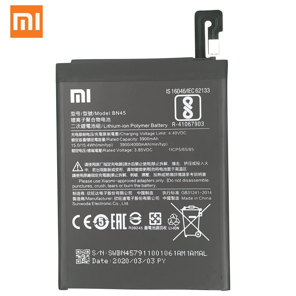 Оригинальный аккумулятор для XIAOMI Redmi Note 5 батарея BN45 3900mAh Замена полная