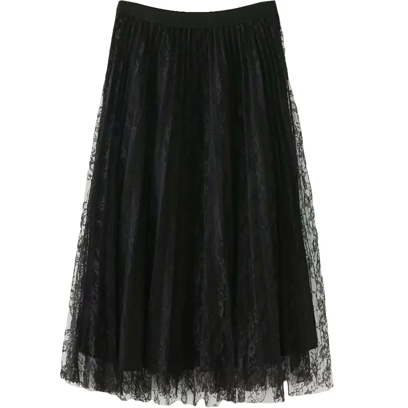 

Plus Size Casual 2019 Autumn Women Fashion Both sides can wear Lace fold Long Skirts T56-177