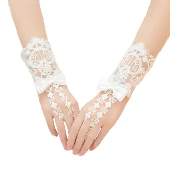 

Embroidery Floral Lace Short Wedding Gloves Satin Bowknot Beaded Bridal Mittens