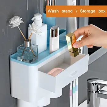 

New Toothbrush Holder Automatic Toothpaste Dispenser Bathroom Accessories Set With Cup Wall Mount Toiletries Storage Rack