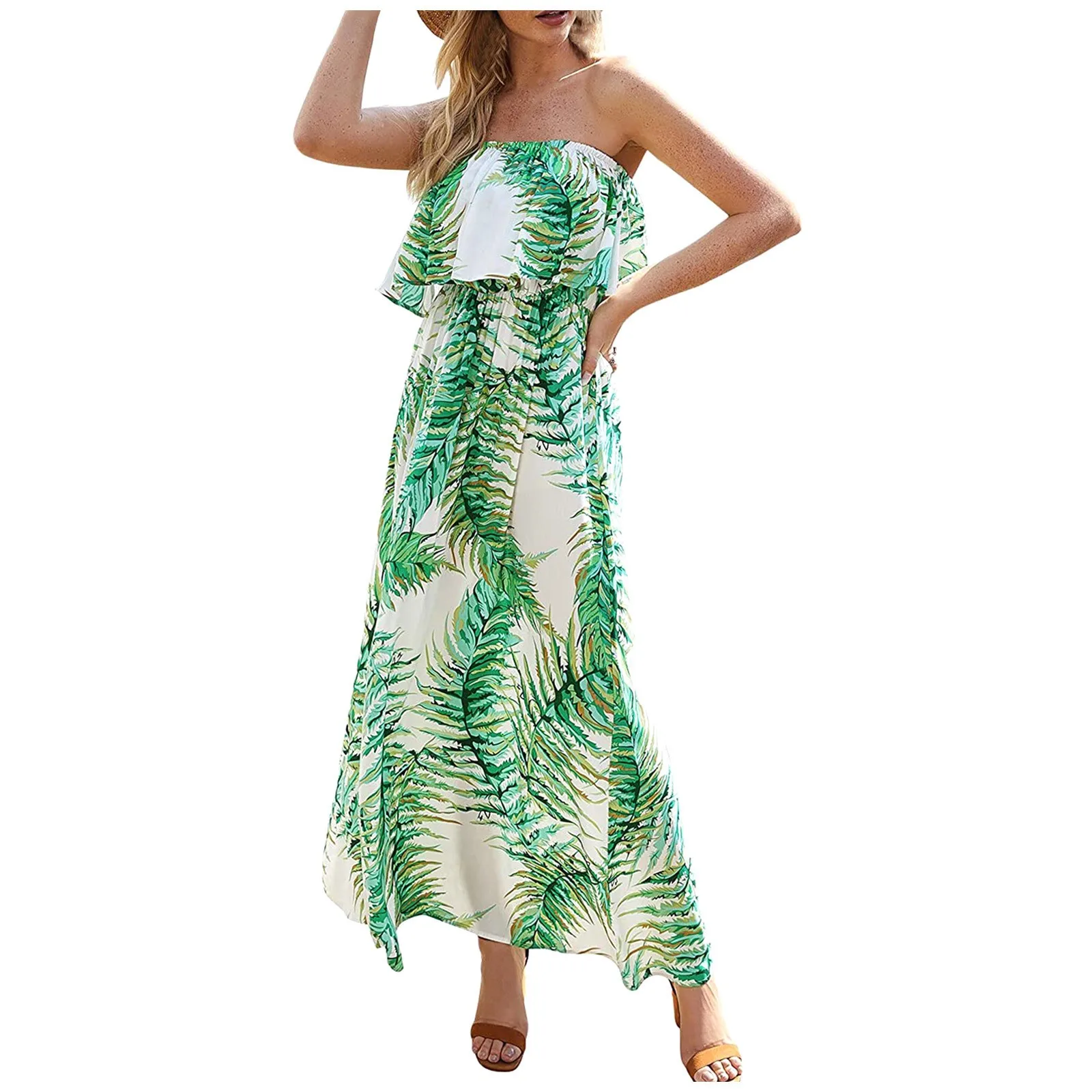 2021 Summer Women Off Shoulder Dress Sexy Tube Top Dress Ruffle Strapless Boho Maxi Printed Long Dress Vintage Vestidos Mujer 2