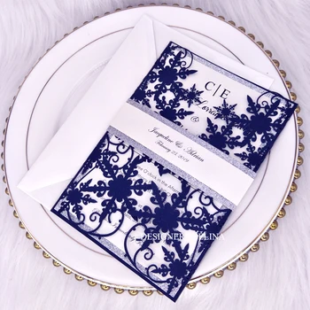 

50pc Snowflake Laser Cut Wedding Invitations Cards with Silver Glitter Bottom and Belt Navy Blue Bridal Shower Invitation Cards