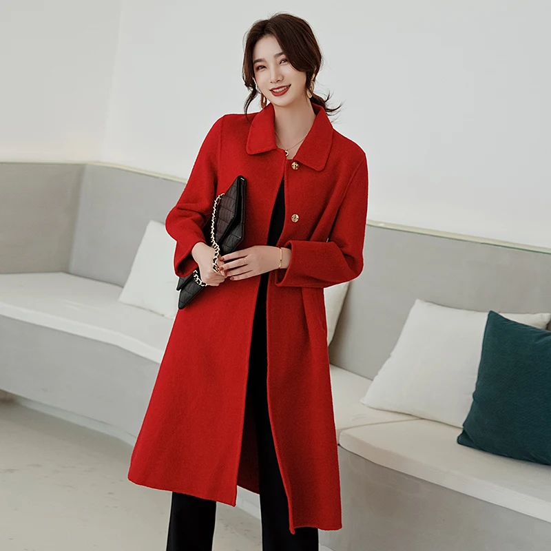Шерстяные куртки для женщин, длинная однотонная модная верхняя одежда с длинными рукавами, стильное Женское шерстяное пальто