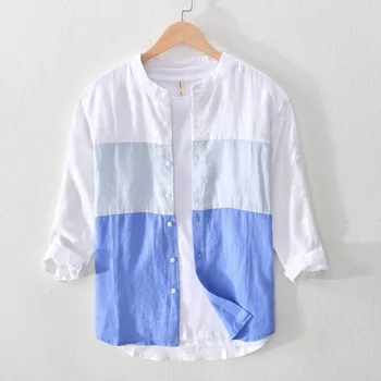 

High Quality Linen Shirts Men Gradient Color Patchwork Stand Collar Summer Japan Harajuku Business Casual Male Streetwear Shirts