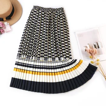 

2020 Spring Summer New Style National Style Printed Pleated Skirt-Style Contrasting Color Striped Floral-Print Slim SKirt