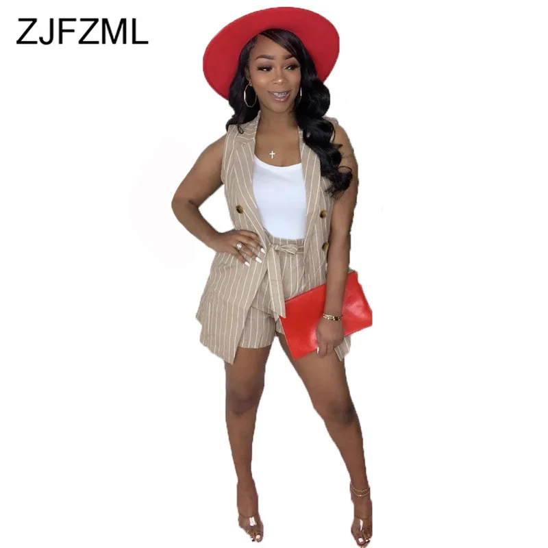

Office Lady 2 Piece Matching Sets Summer Tracksuit Striped Print Vest Coat+High Waist Biker Short Suits Casual Club Party Outfit