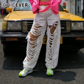 

CHICEVER Ripped Hole Denim Pants For Women High Waist Streetwear Loose Wide Leg Pant Female 2020 Autumn Fashion New Clothes