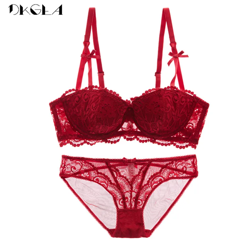 Красный Brand Half Cup Bra Set Women Lingerie Embroidery White Brassiere Thin Cotton Push Up Bras Sexy Lace Underwear Set A B C D Cup - Цвет: Красный