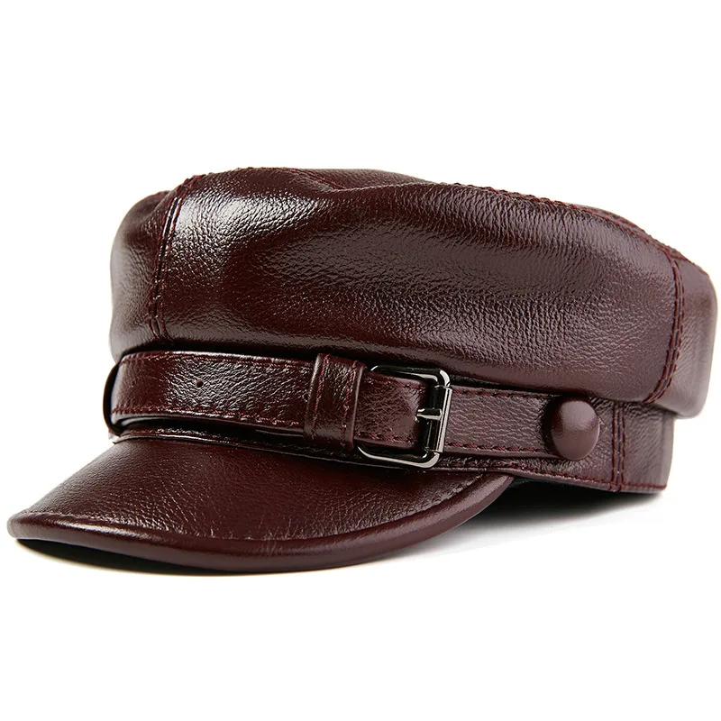 Cowhide Cow Leather Hat Korean-style Fashion Middle-aged Men's Winter Students Youth Cricket-cap Navy Flat Roof Military Cap |
