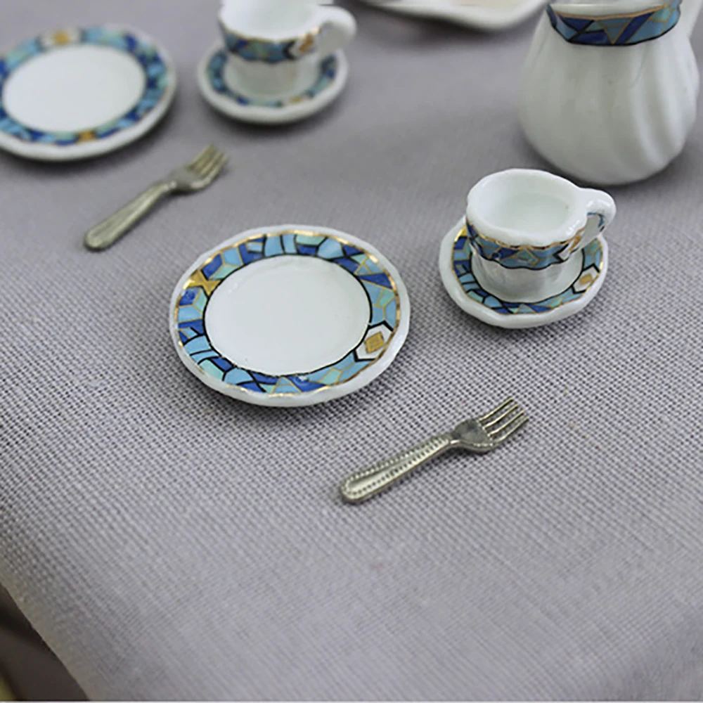 15Pcs 1/12 Dollhouse Miniature Accessories Mini Ceramics Tea Set Simulation Kettle Plate Cup Model Toy for Doll House Decoration