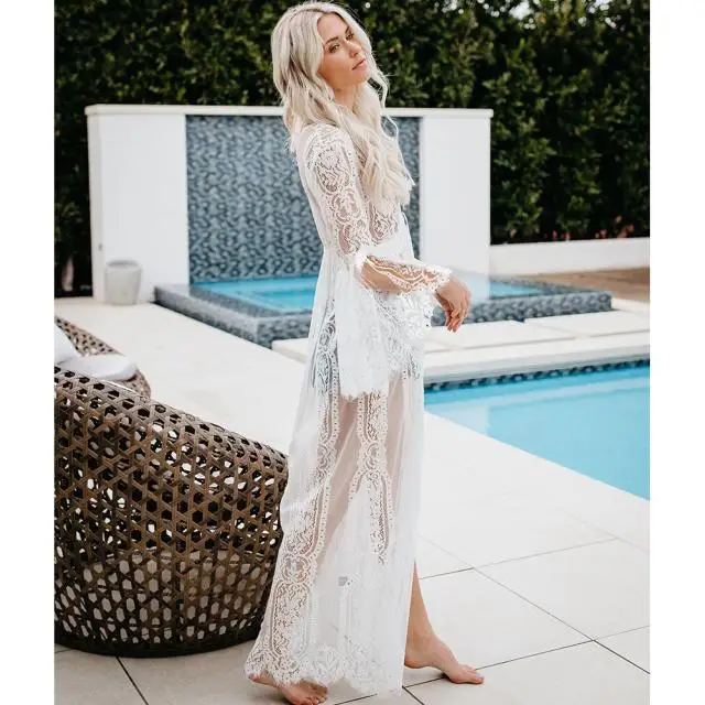 Hirigin Long Sleeve Mesh Beach Dress Women Sexy Cover Ups Summer See Through Maxi Dresses Lace Flowear Sarong Kaftan Dress