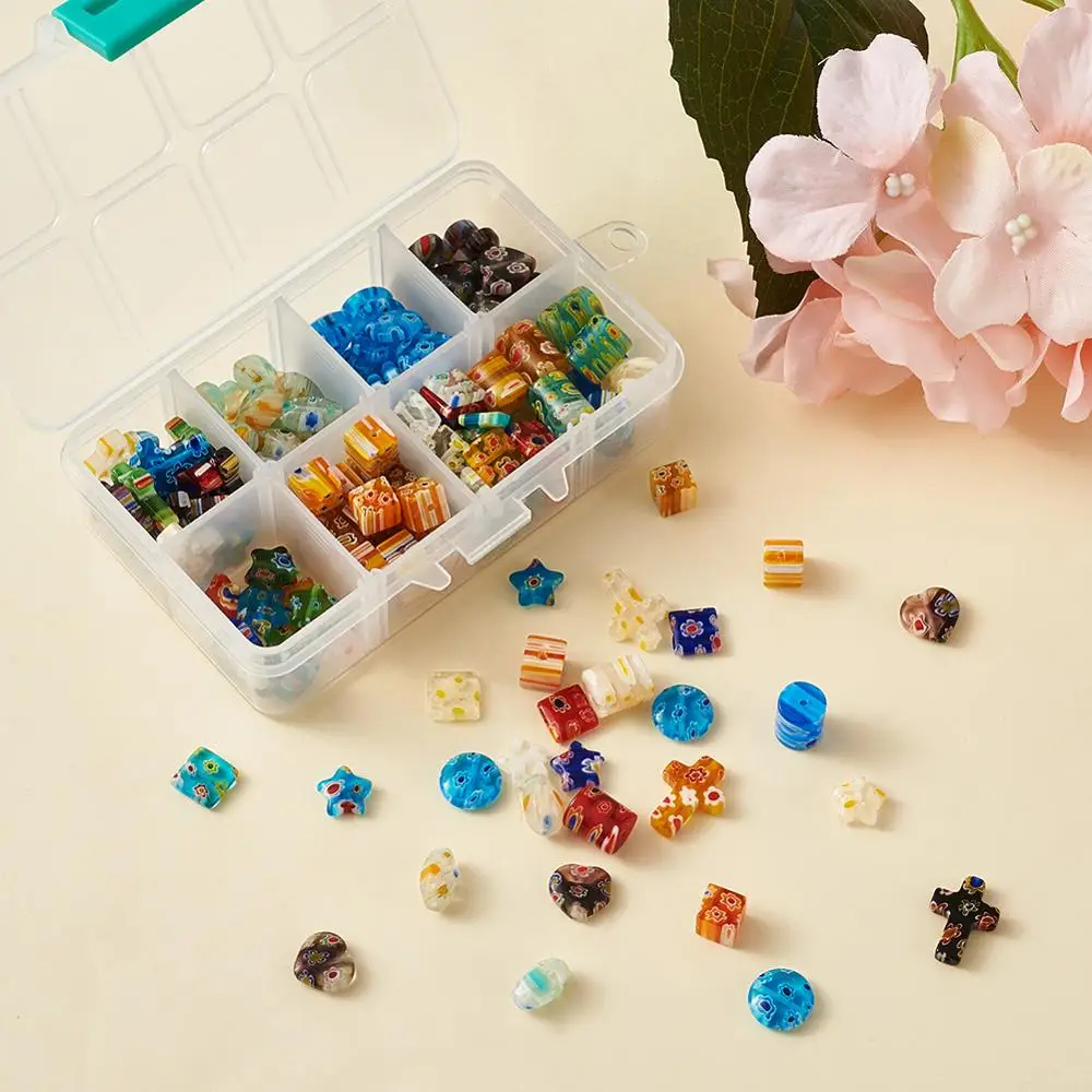 165pcs Millefiori Lampwork Glass Beads For Necklace Bracelet Jewelry Making Cross Heart Flower Rice Square Flat Round Shape