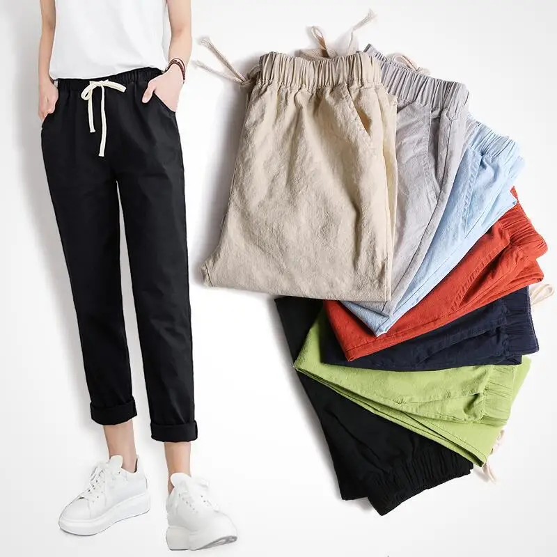 Brand Chic Loose Cotton Linen Pants Women Soft Harem Breathable Slim Ankle Length Korean Leisure Hallen Black | Женская одежда