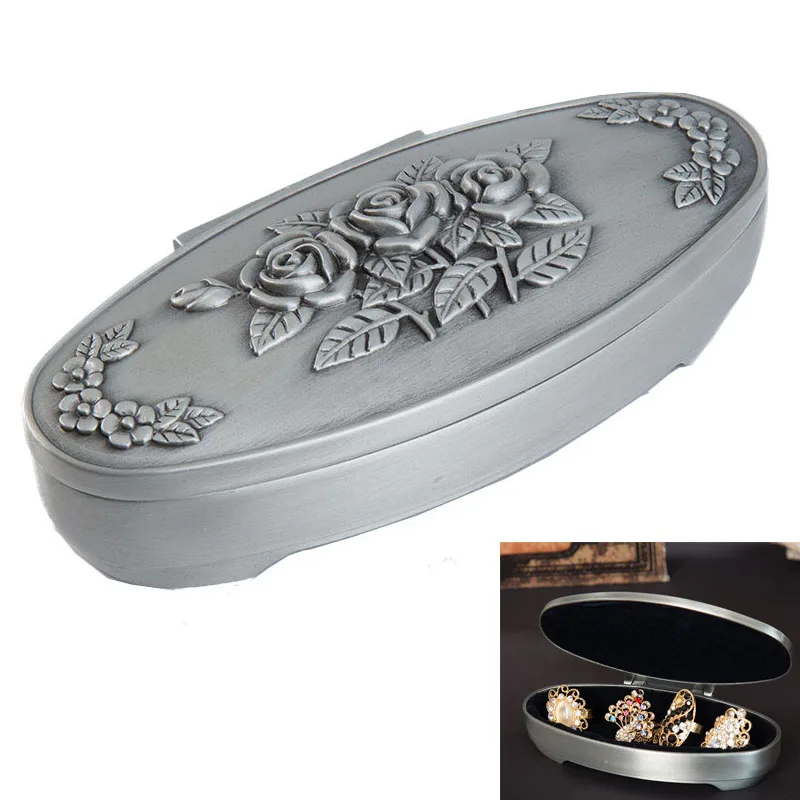 

European Classical Carved Rose Oval Long Women's Jewelry Box Vintage Zinc Alloy Wedding Ring Gift Storage Box