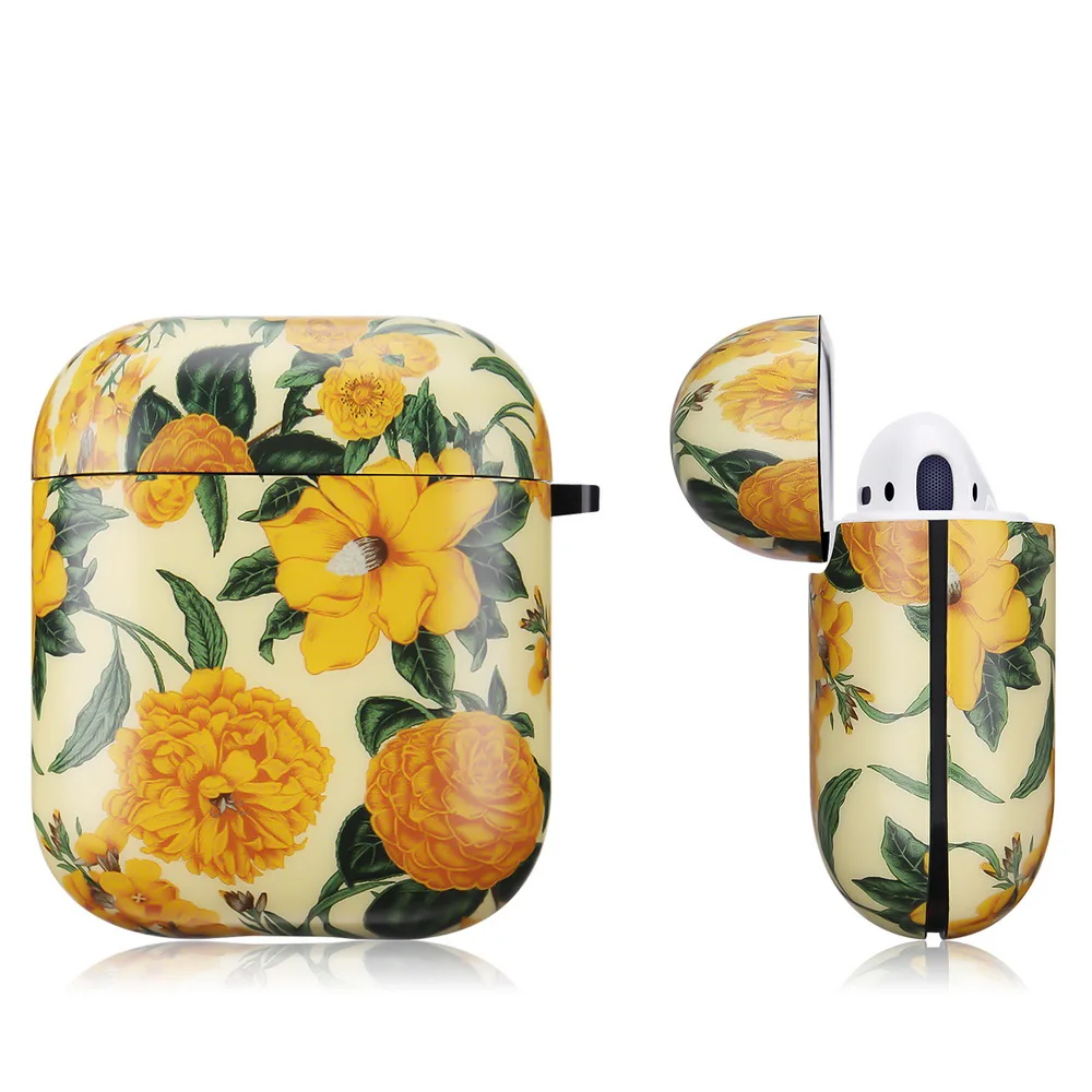 

Newest TPU Soft Earphone Case For Apple Airpods 1 2 Matte IMD Design Retro Yellow Chrysanthemum Earphone Cover With Hanger Hook