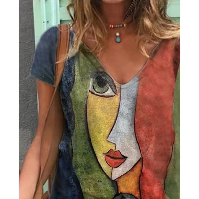 V Neck Tshirt Women s Summer Casual Oversize Print Shirt Tops Loose Vintage Female Tee Streetwear