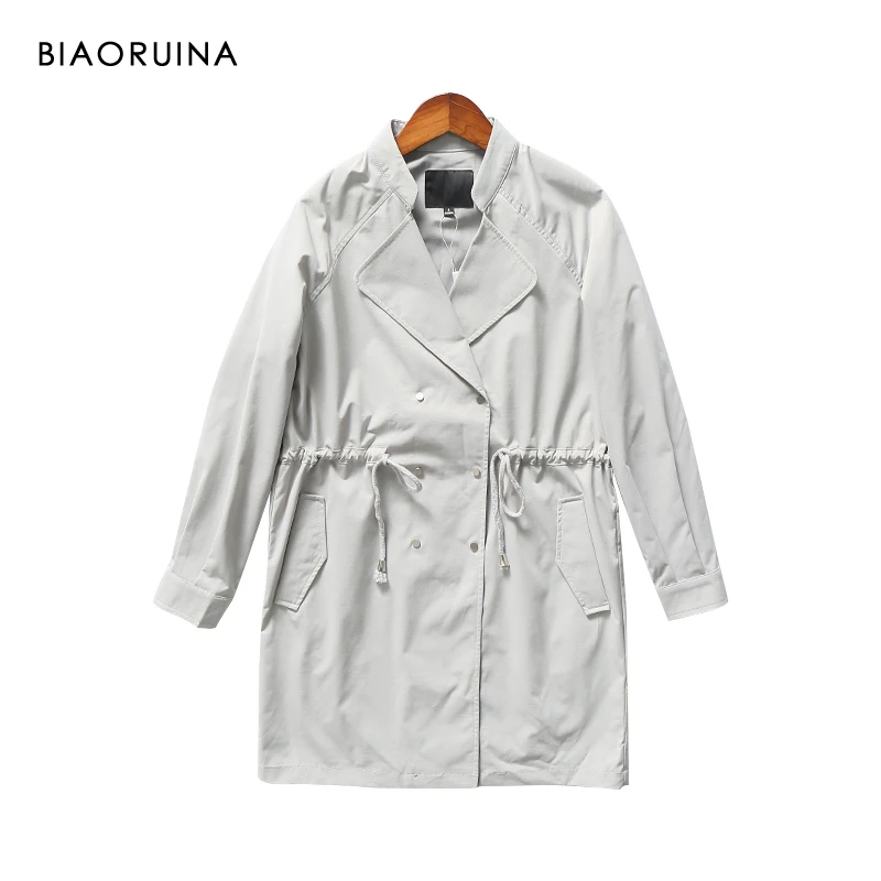 

BIAORUINA Women's Solid Double Breasted Elegant Long Trench Turn-down Collar Fashion Loose Straight Coat Pleated Drawstring