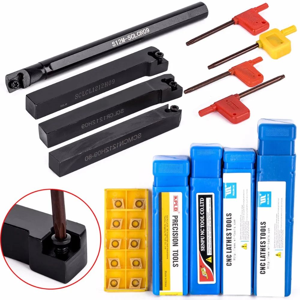 

10Pcs Carbide Inserts + Wrench with S12M-SCLCR09 + SCMCN/SCLCR/SCLCL1212H09 Tool Holder For Lathe Turning Tool