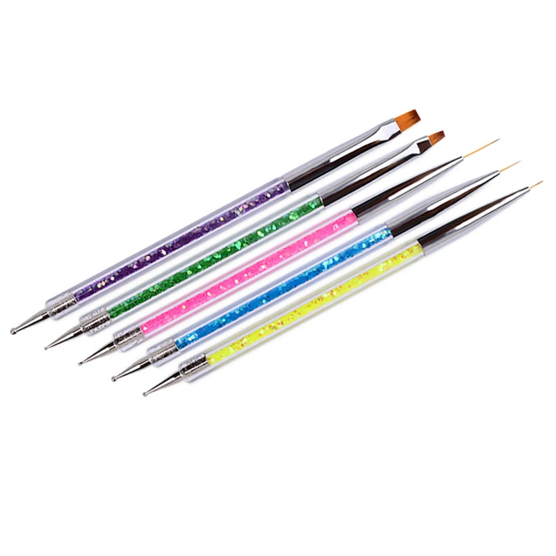 5Pcs Nail Art Dotting Pen Acrylic Rhinestone Crystal 2 Way UV Gel Painting Manicure Tool Drawing Liner Flower Brush | Красота и