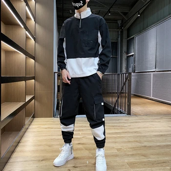 

Men Causal Splicing Contrast Sets Camo Jacket+Pants 2Pc Tracksuit Sportwear Hoodies Sweatshirt &Pant Suit Trainingspak Heren