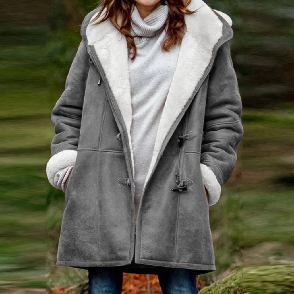 Женская зимняя куртка, плюшевая, размер, однотонное бархатное пальто с длинным рукавом, с роговой пряжкой, с карманом, пальто на молнии, куртки, повседневная верхняя одежда, пальто
