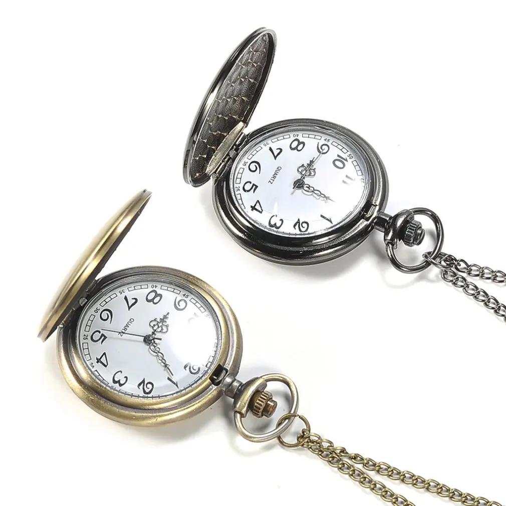 Простые ретро черные глянцевые старинные карманные часы раскладные карманные часы Мужские часы с подвеской ожерелье подарок стол