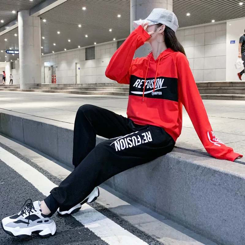 

Spring Autumn Women Sportswear Letter Printed Hoodie Sweatshirt+pant Running Jogger Fitness Gym Workout Set Sport Suit Tracksuit