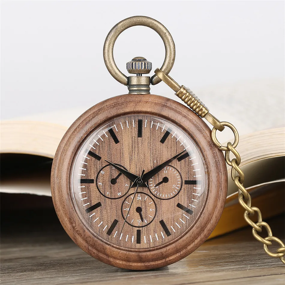 

Bronze Fob Quartz Walnut Wooden Pocket Watch Decor Small Dial Pendant Pocket Timepiece Black Scale Display Natural Retro Clock