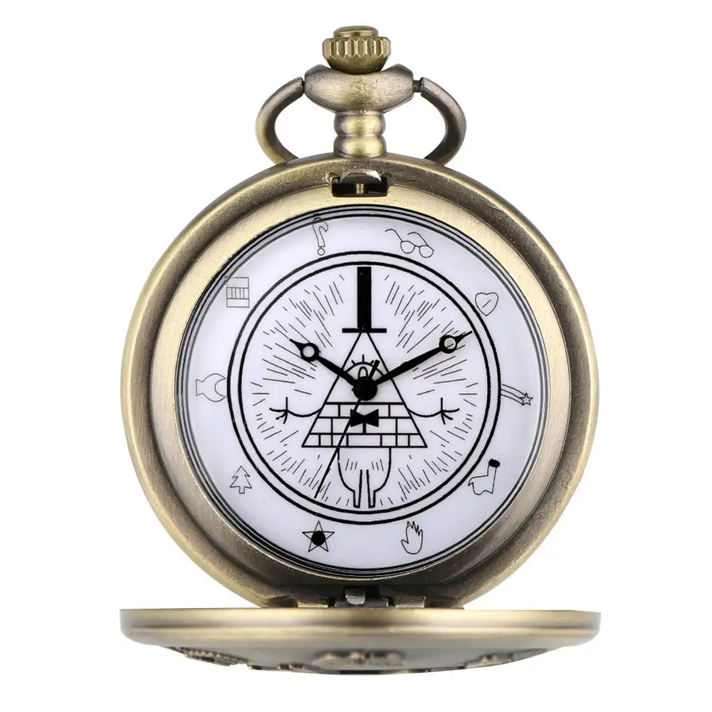 Vintage Bronze Cute Pyramid Pattern Quartz Pocket Watch Necklace Chain Eye of Providence Free-Mason Men Fob Watches Kids Gift