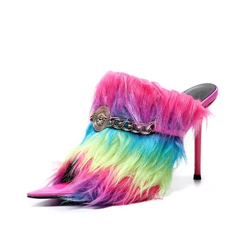

Womens Peep Toe Rainbow Colors Fur Furry Metal Chain Decor Stilettos High Heel Shoes Slipper Slingbacks Shoes Plus Size 34-43