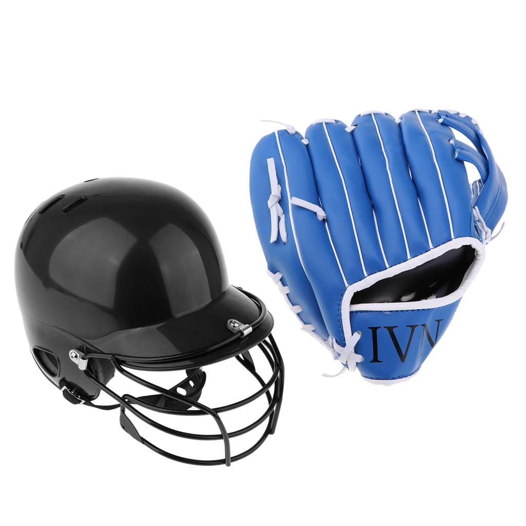 1 Set Black Baseball Bating Helmet Softball Compact Mask & Blue Baseball Softball Thicken Gloves Softball Catching Mitts