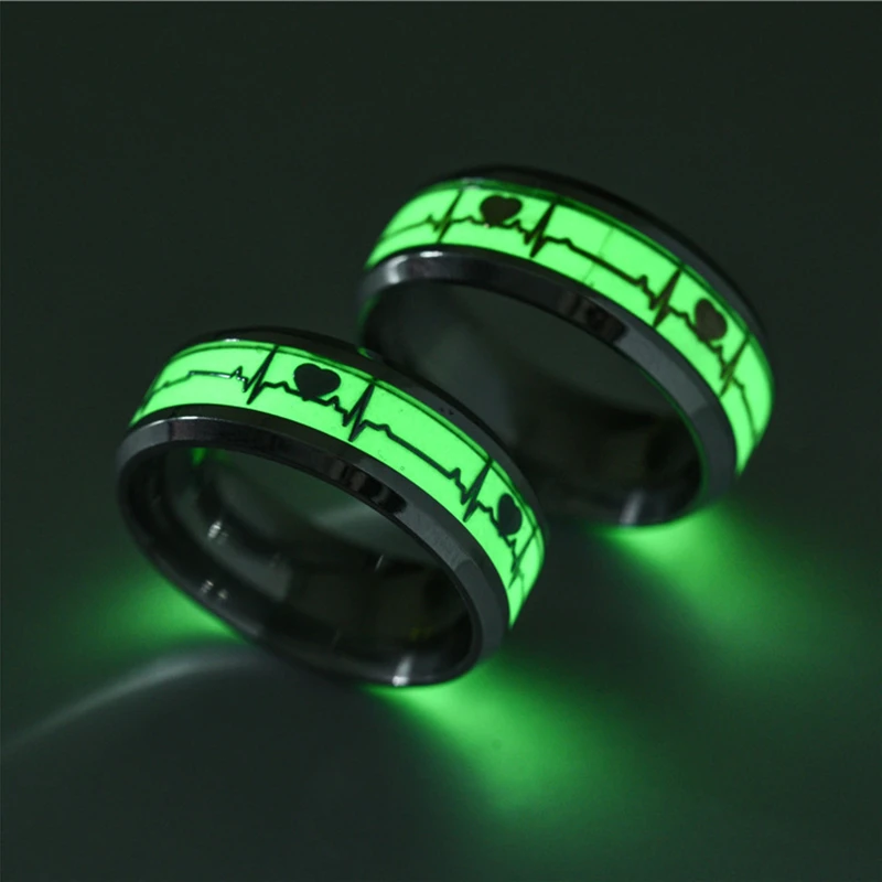 Anillos fluorescentes de acero inoxidable para parejas, accesorios de joyería a la moda, con patrón de ECG, enamorados|Anillos| - AliExpress