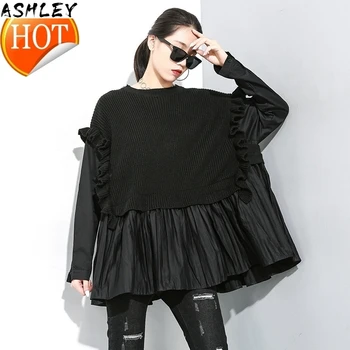 

Big Size Pleated Knitting Sweater Loose Fit Round Neck Long Sleeve Women Pullovers New Fashion Spring Autumn 2020 1M625