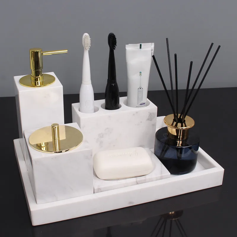 Marble Bathroom Accessories Set Soap Dispensers/Dishes Toothbrush Holder & Gargle Cups Tissue/Cotton Swab Box Tray Wedding Gifts