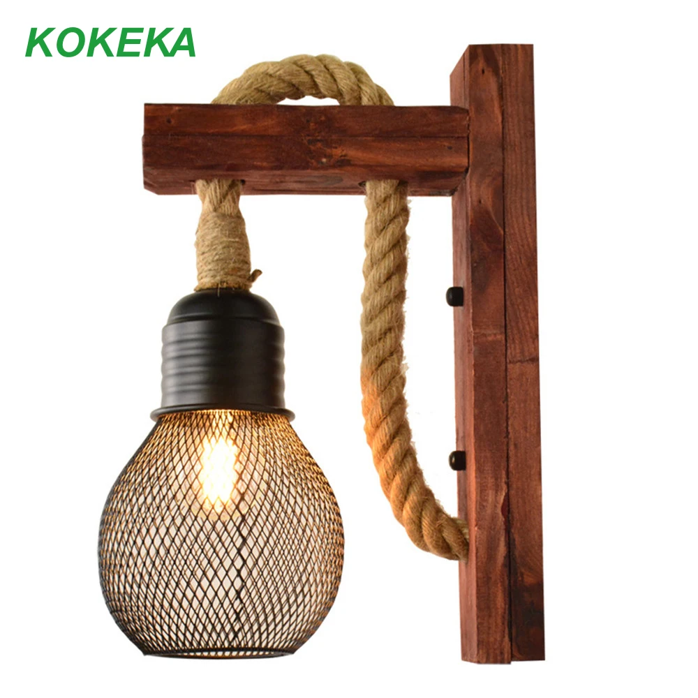 Retro red with lamps Wall Lights for Home Wood Hemp Rope Manufacturing Lamp Body with Standard E27 Lamp Holder for Corridor Living Room Decoration - Lampshade Color: Retro red with lamps