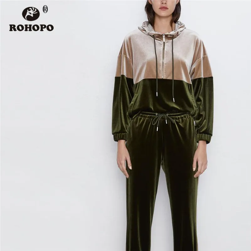 

ROHOPO Patchaork Pink Green Hooded Velvet Sweatshirt Tie Collar Hat Drawstring Hem Ladies Autumn Patchwork Hoodies #9819