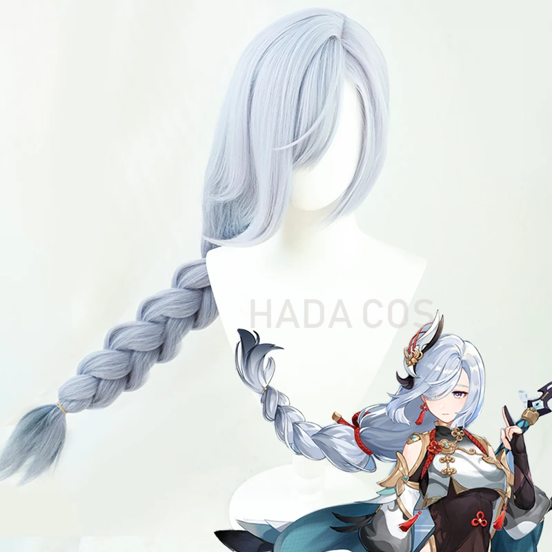 Game Genshin Impact Shenhe Cosplay Wig Blue White Color Long Braids Headwear Heat Resistant Synthetic Hair 100cm | Тематическая