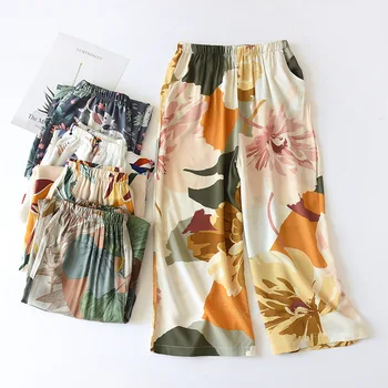

Summer Woman Cotton Printed Pants Multi Colors Wide Legs Home Wear Pajama Pants Loose Soft and Comfortable Pantalon Pijama Mujer
