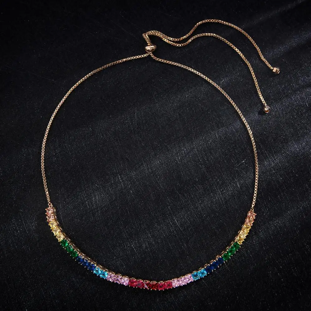 Popular AAA cubic zirconia Baguette pulling chain chokers for Women adjustable length trendy geometric necklaces N0415