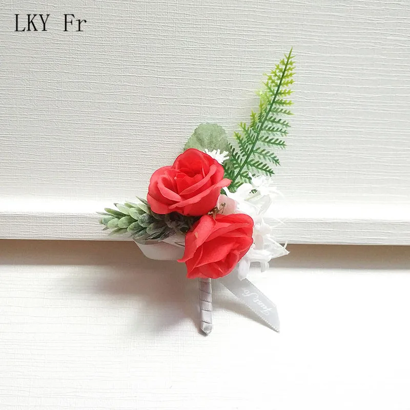 

LKY Fr Boutonniere Corsage Silk Roses White Red Groom Boutonniere Flowers Wedding Corsages and Boutonnieres Marriage Accessories