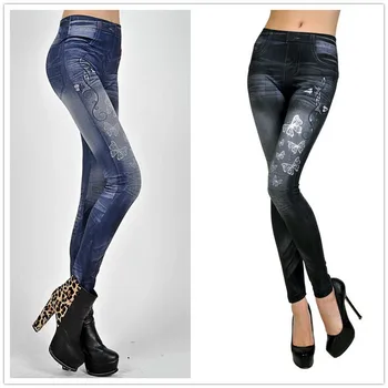 

Women Fashion Imitation Denim Jeans Printed Ladies Plus Size Leggings Casual High Waist Slim Elastic Pencil Pants
