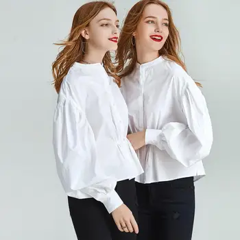 

HAVVA early spring single-breasted nipped waists puff sleeve shirt women fashion white pleated short shirt blouse C3848