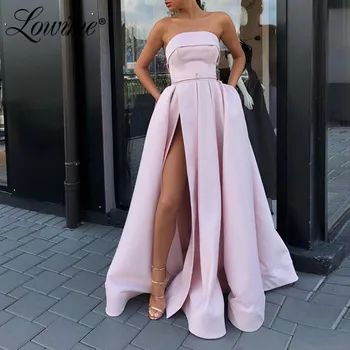 

Cheap Formal Vestido De Festa Satin Evening Dress Long 2020 Women Side Slit Party Dresses Evening Gowns Strapless Prom Dresses