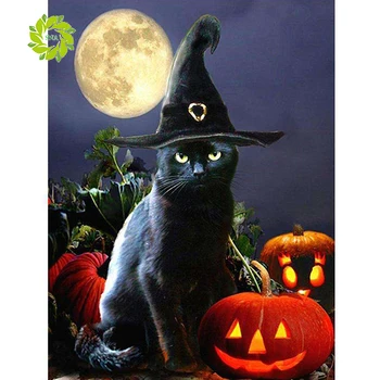 

SNA Diy diamond embroidery full pebble round diamond kit cross stitch Halloween cat diamond painting home decoration
