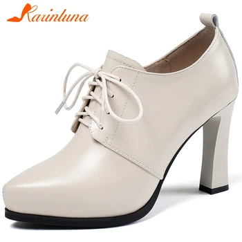 

KARINLUNA Brand Lady Spring Autumn Pumps Lace Up High Heels Genuine Leather Ol Casual Pumps Women Fashion Shoes Woman
